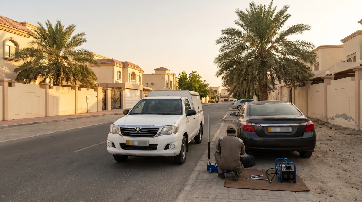 فني بنشر متنقل يصلّح إطاراً فارغاً جنب سيارة واقفة أمام بيت في أبوظبي